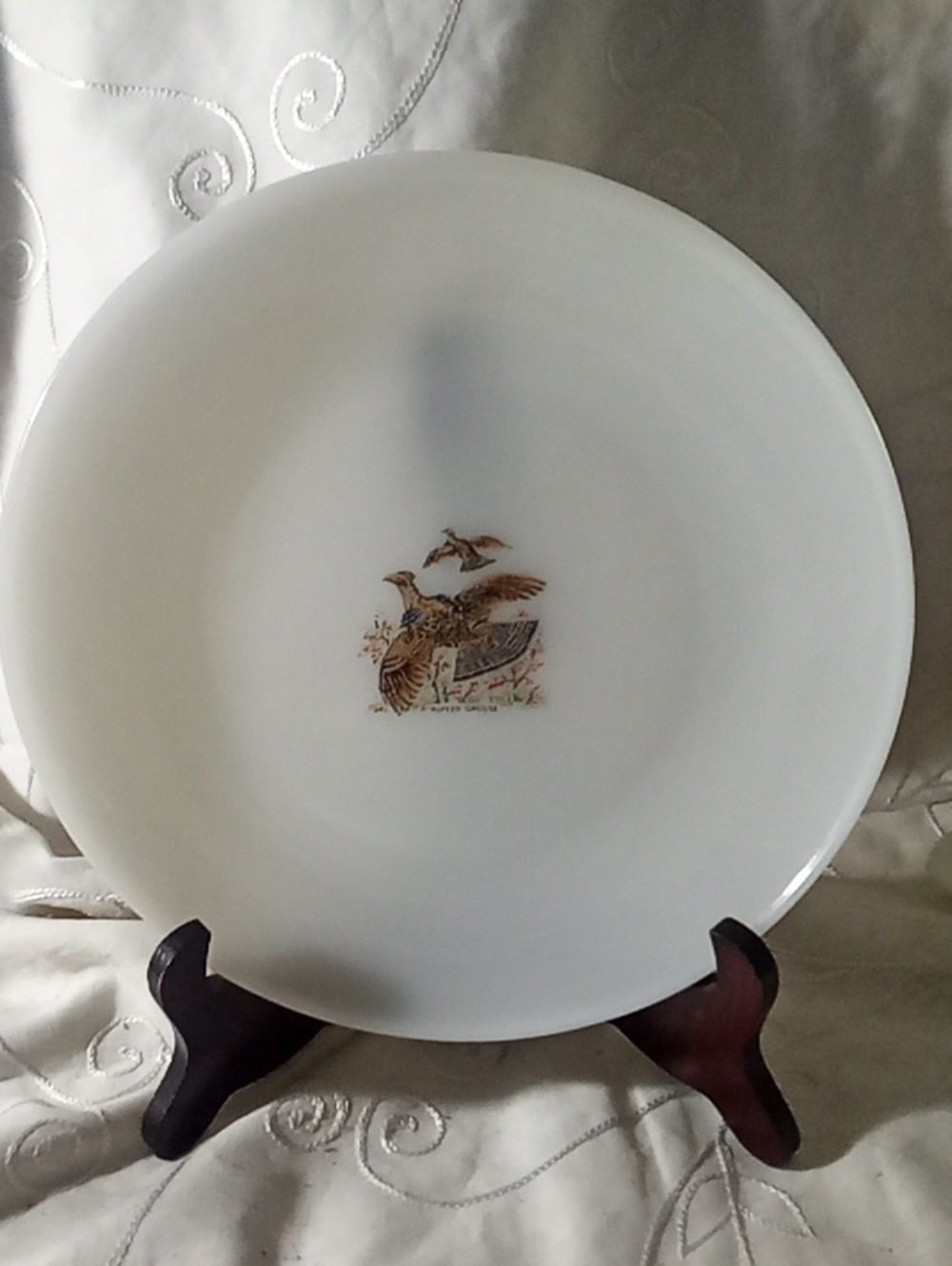 White Wildlife Dinner Plate Oven Proof Fire King with Game Bird Motif